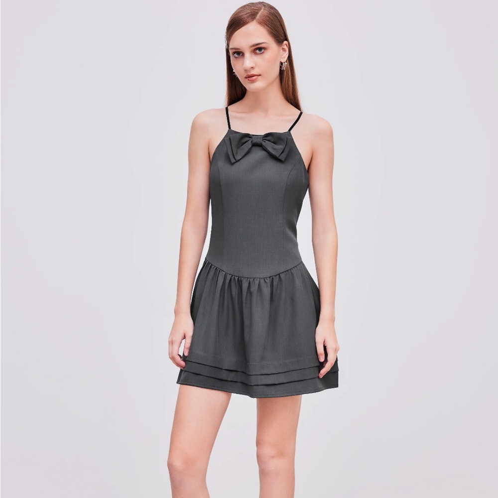 SQUARE NECK SOLID BOWKNOT RUFFLE MINI DRESS